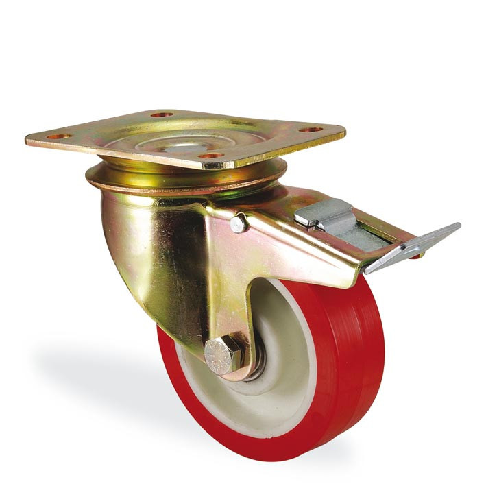 6102 PUR 100 F6 | 100 mm Plated Covered by Polyurethane on Polyamide (PA6) Roller Bearings Swivel Caster with Brake